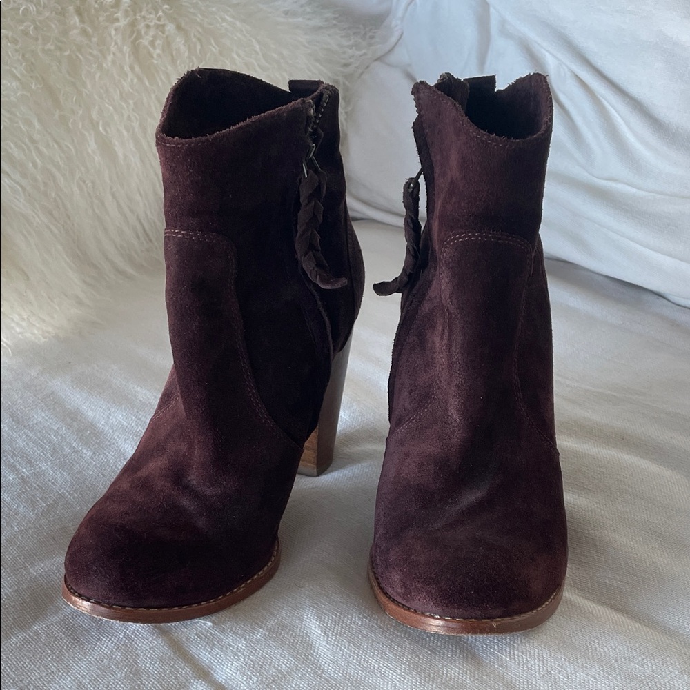 Joie Dark Burgundy/Wine Suede Wood-Stack Heeled Bootie